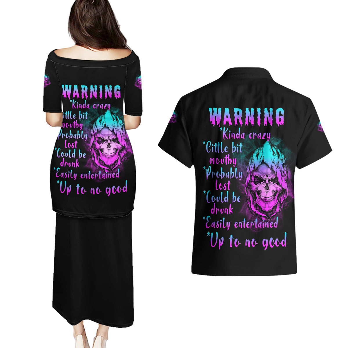 Warning Kinda Crazy Skull Couples Matching Puletasi Dress and Hawaiian Shirt - Wonder Print Shop