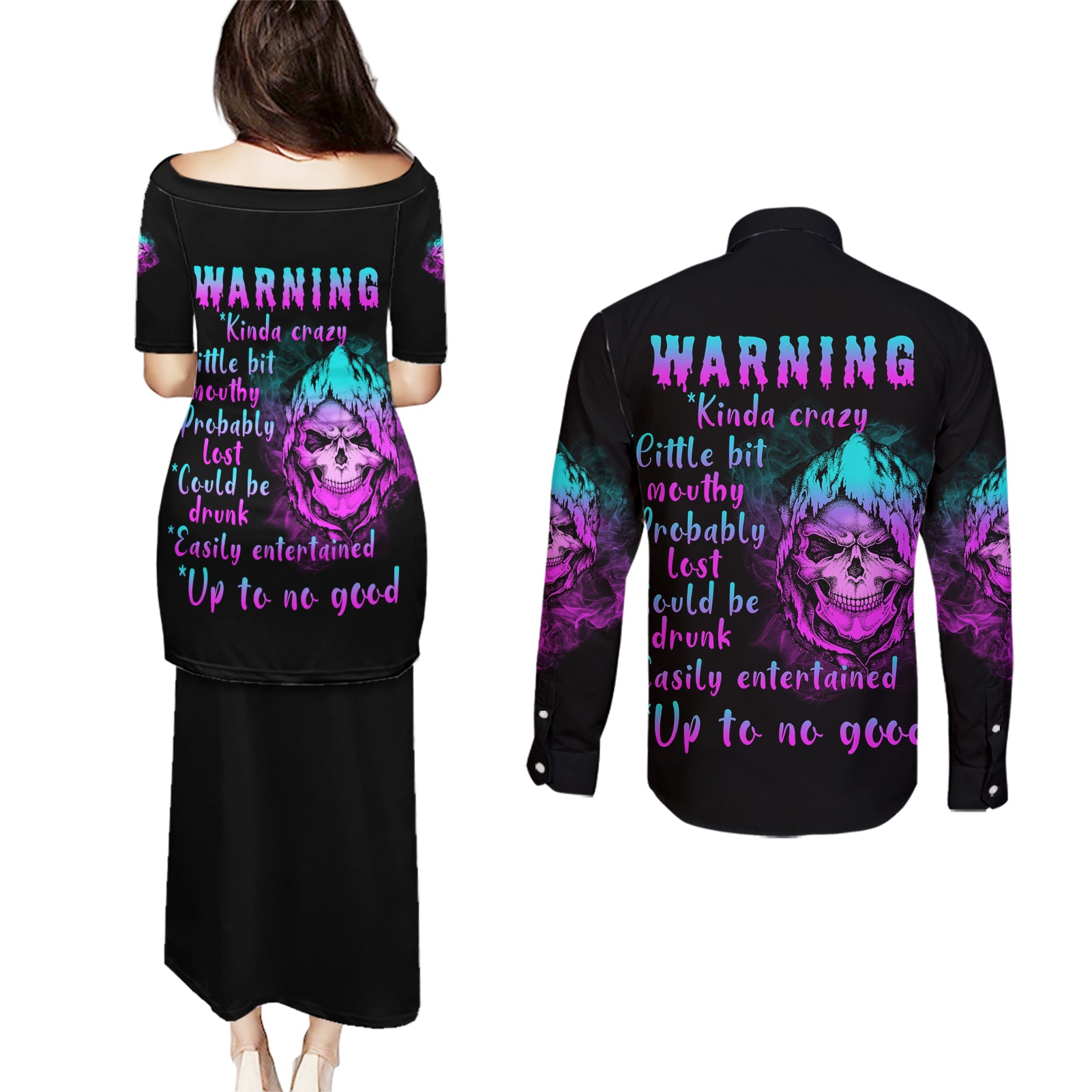 Warning Kinda Crazy Skull Couples Matching Puletasi Dress and Long Sleeve Button Shirt - Wonder Print Shop