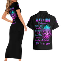 Warning Kinda Crazy Skull Couples Matching Short Sleeve Bodycon Dress and Hawaiian Shirt - Wonder Print Shop