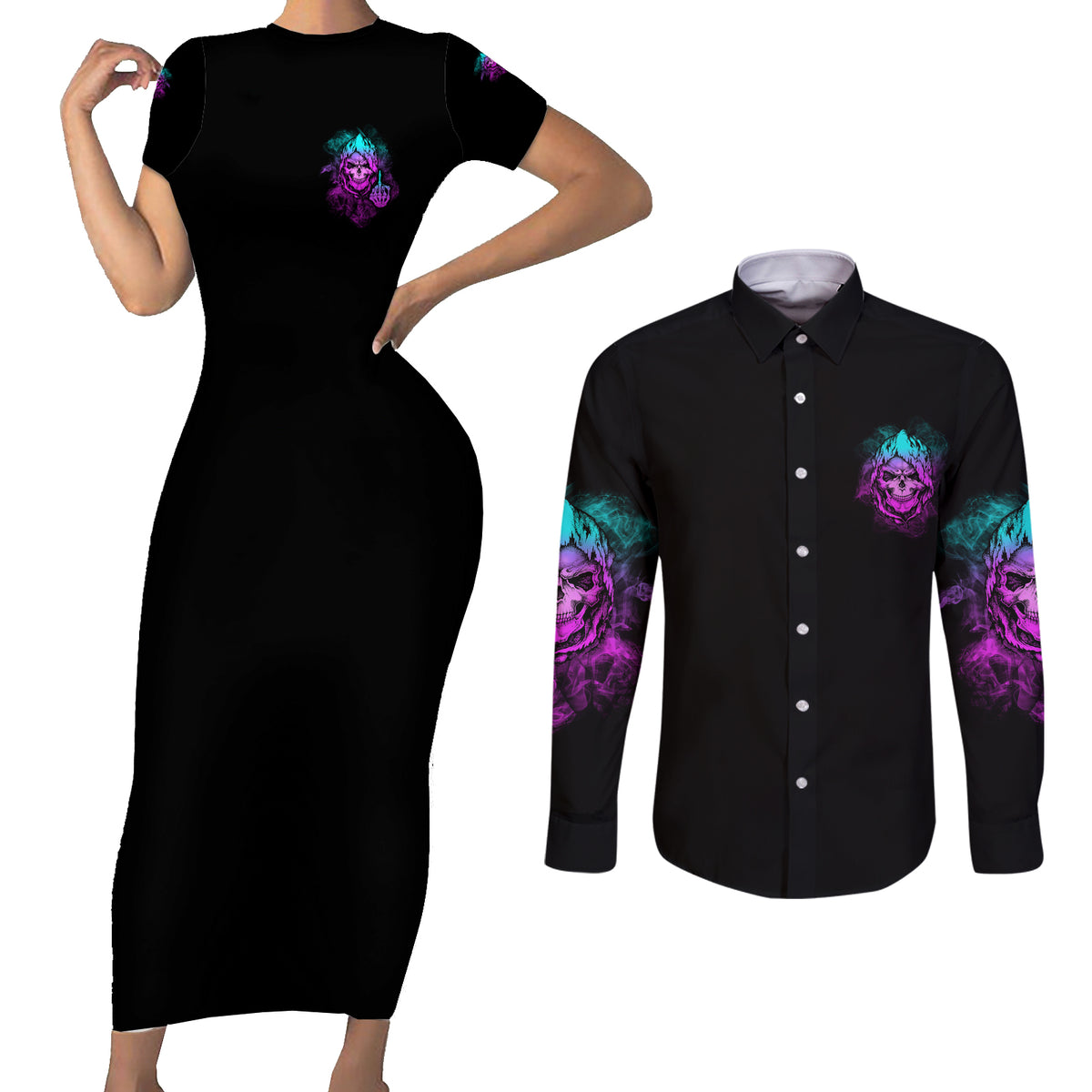 Warning Kinda Crazy Skull Couples Matching Short Sleeve Bodycon Dress and Long Sleeve Button Shirt - Wonder Print Shop