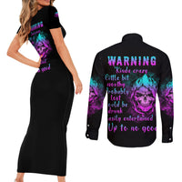 Warning Kinda Crazy Skull Couples Matching Short Sleeve Bodycon Dress and Long Sleeve Button Shirt - Wonder Print Shop