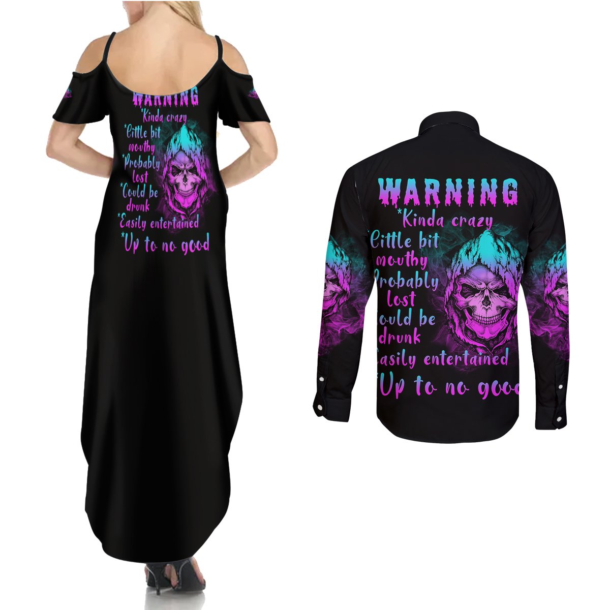 Warning Kinda Crazy Skull Couples Matching Summer Maxi Dress and Long Sleeve Button Shirt - Wonder Print Shop