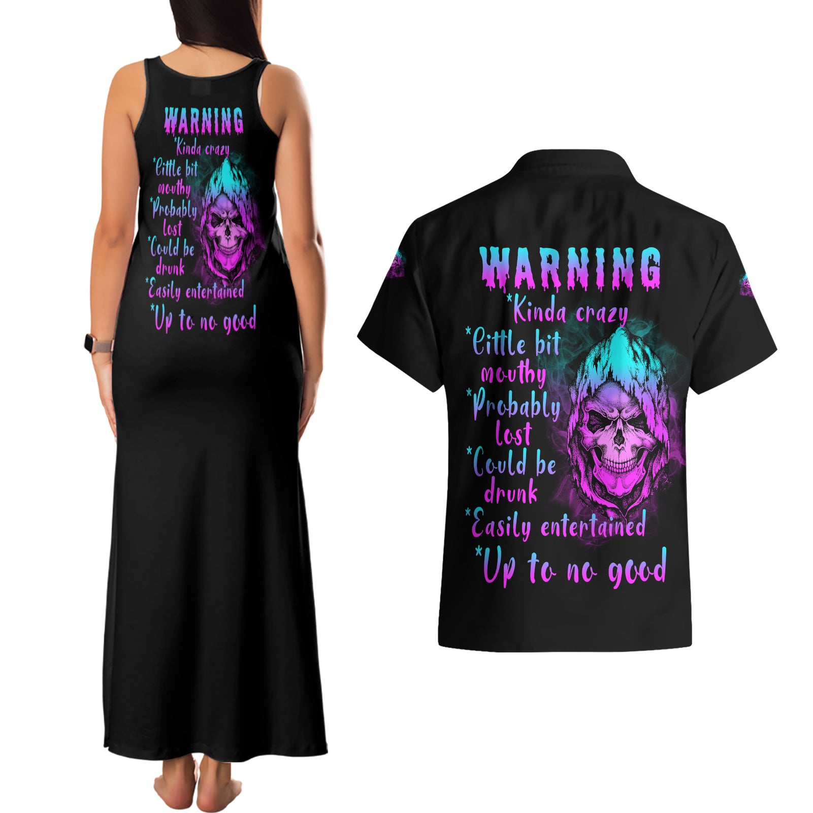 Warning Kinda Crazy Skull Couples Matching Tank Maxi Dress and Hawaiian Shirt - Wonder Print Shop