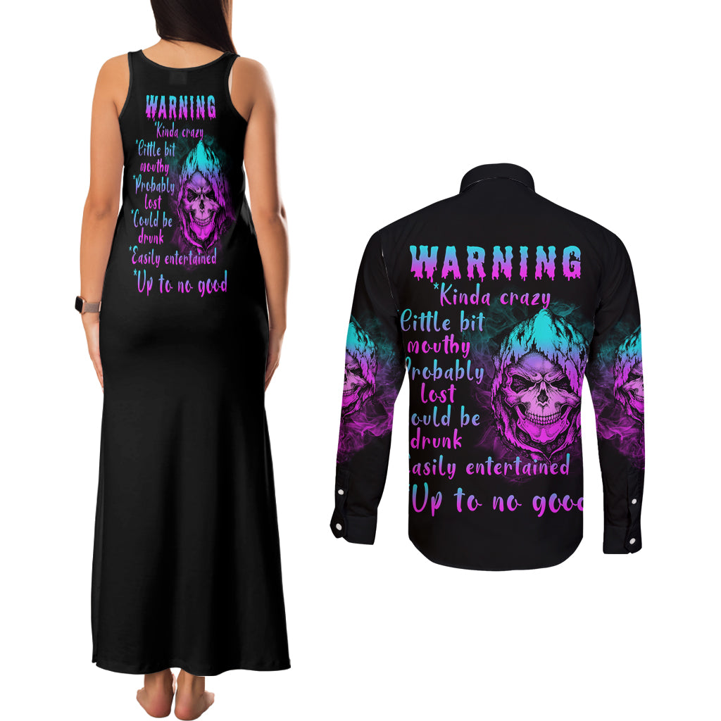 Warning Kinda Crazy Skull Couples Matching Tank Maxi Dress and Long Sleeve Button Shirt - Wonder Print Shop
