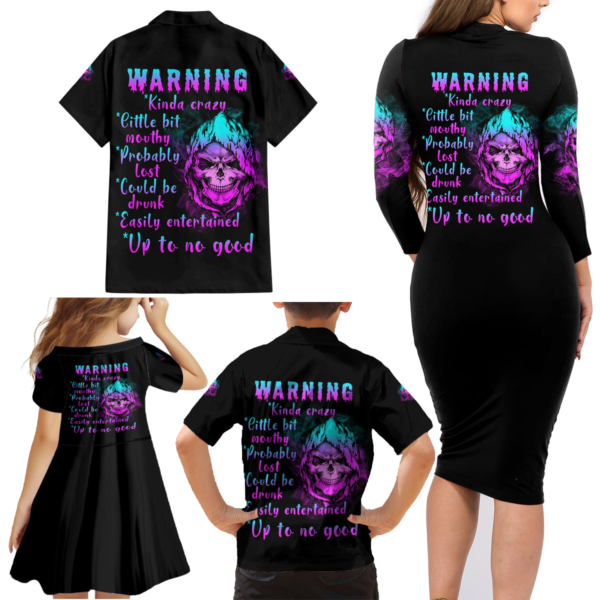 Warning Kinda Crazy Skull Family Matching Long Sleeve Bodycon Dress and Hawaiian Shirt - Wonder Print Shop