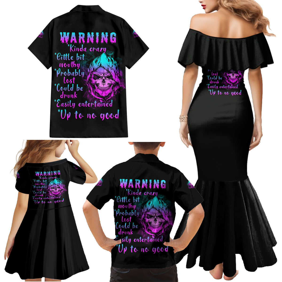 Warning Kinda Crazy Skull Family Matching Mermaid Dress and Hawaiian Shirt - Wonder Print Shop