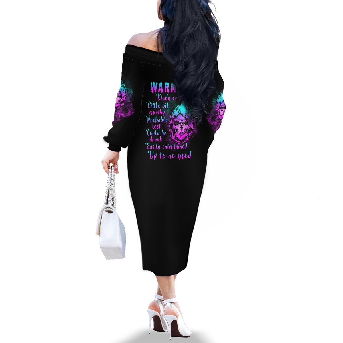 Warning Kinda Crazy Skull Family Matching Off Shoulder Long Sleeve Dress and Hawaiian Shirt - Wonder Print Shop
