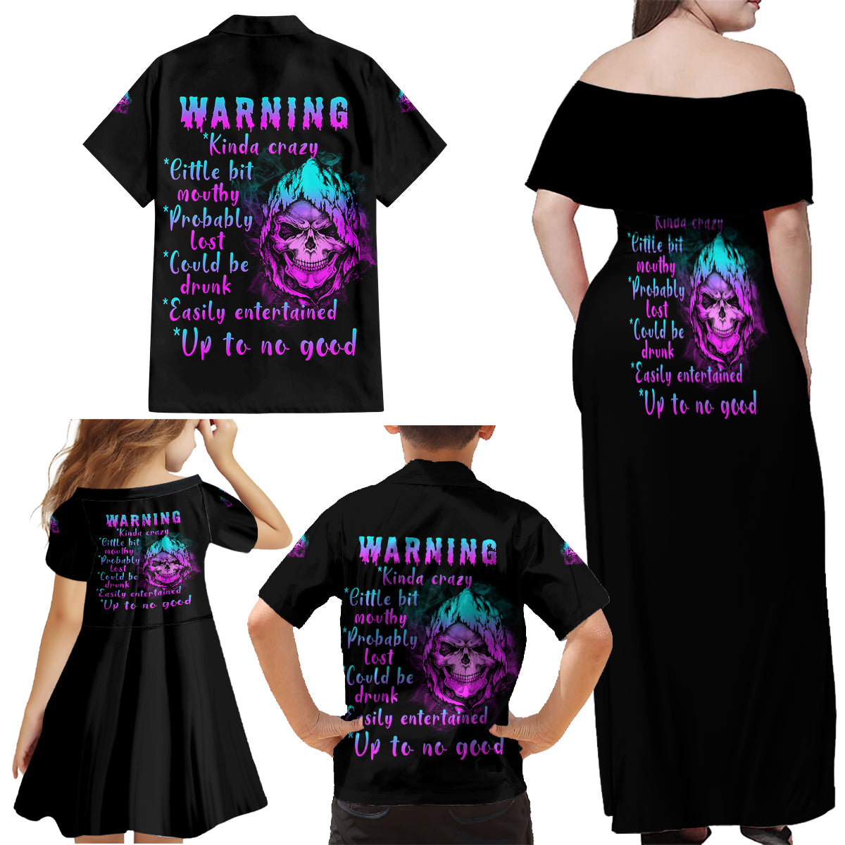 Warning Kinda Crazy Skull Family Matching Off Shoulder Maxi Dress and Hawaiian Shirt - Wonder Print Shop