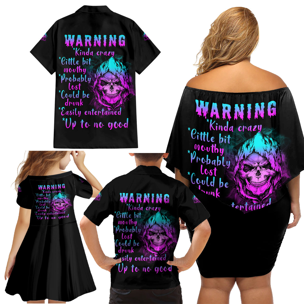Warning Kinda Crazy Skull Family Matching Off Shoulder Short Dress and Hawaiian Shirt - Wonder Print Shop