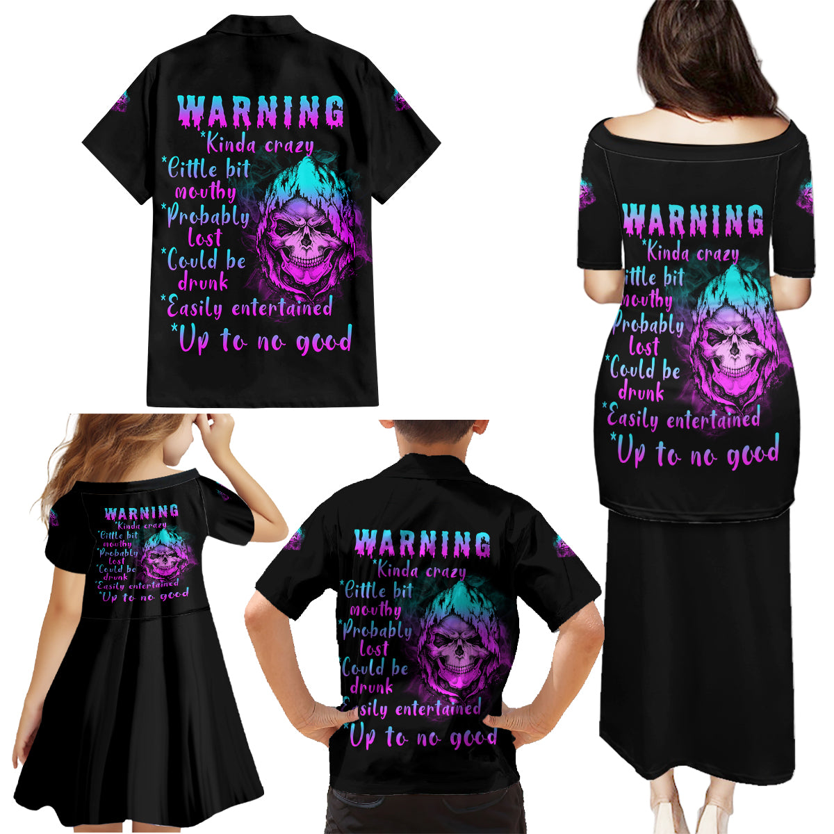 Warning Kinda Crazy Skull Family Matching Puletasi Dress and Hawaiian Shirt - Wonder Print Shop
