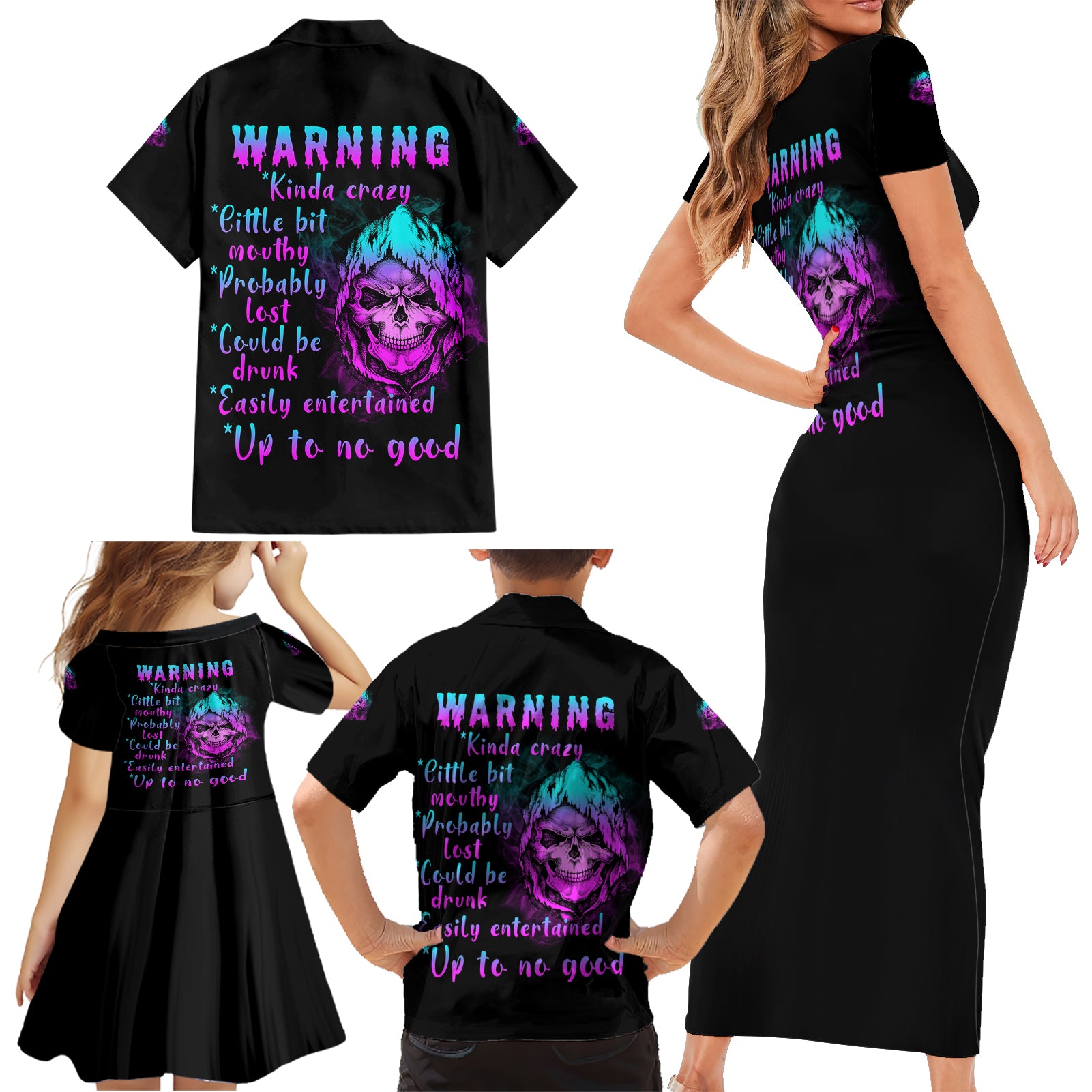 Warning Kinda Crazy Skull Family Matching Short Sleeve Bodycon Dress and Hawaiian Shirt - Wonder Print Shop