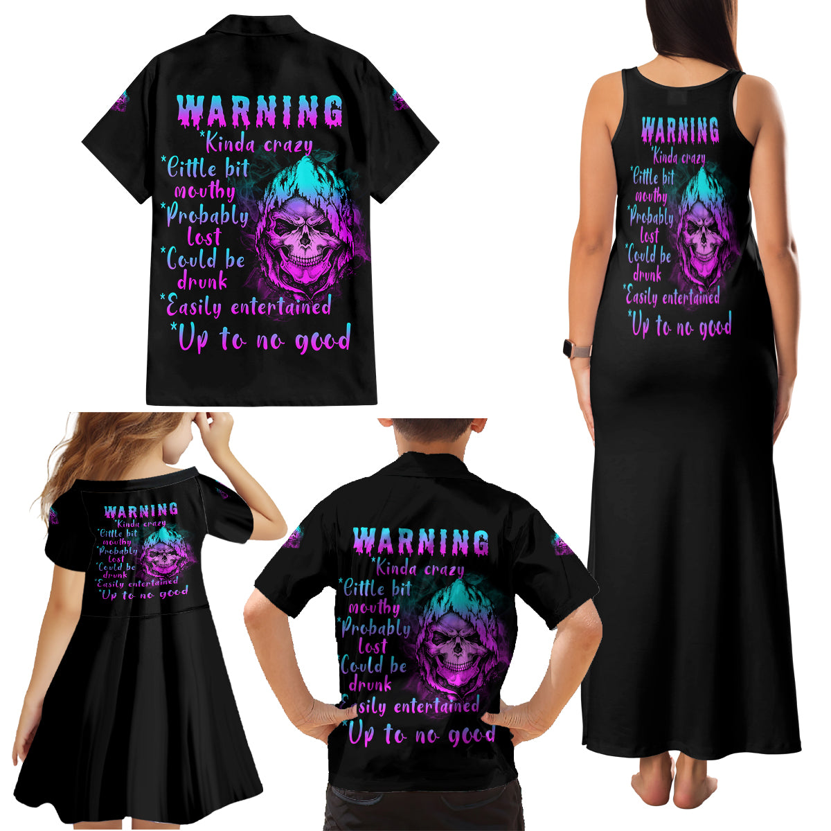 Warning Kinda Crazy Skull Family Matching Tank Maxi Dress and Hawaiian Shirt - Wonder Print Shop