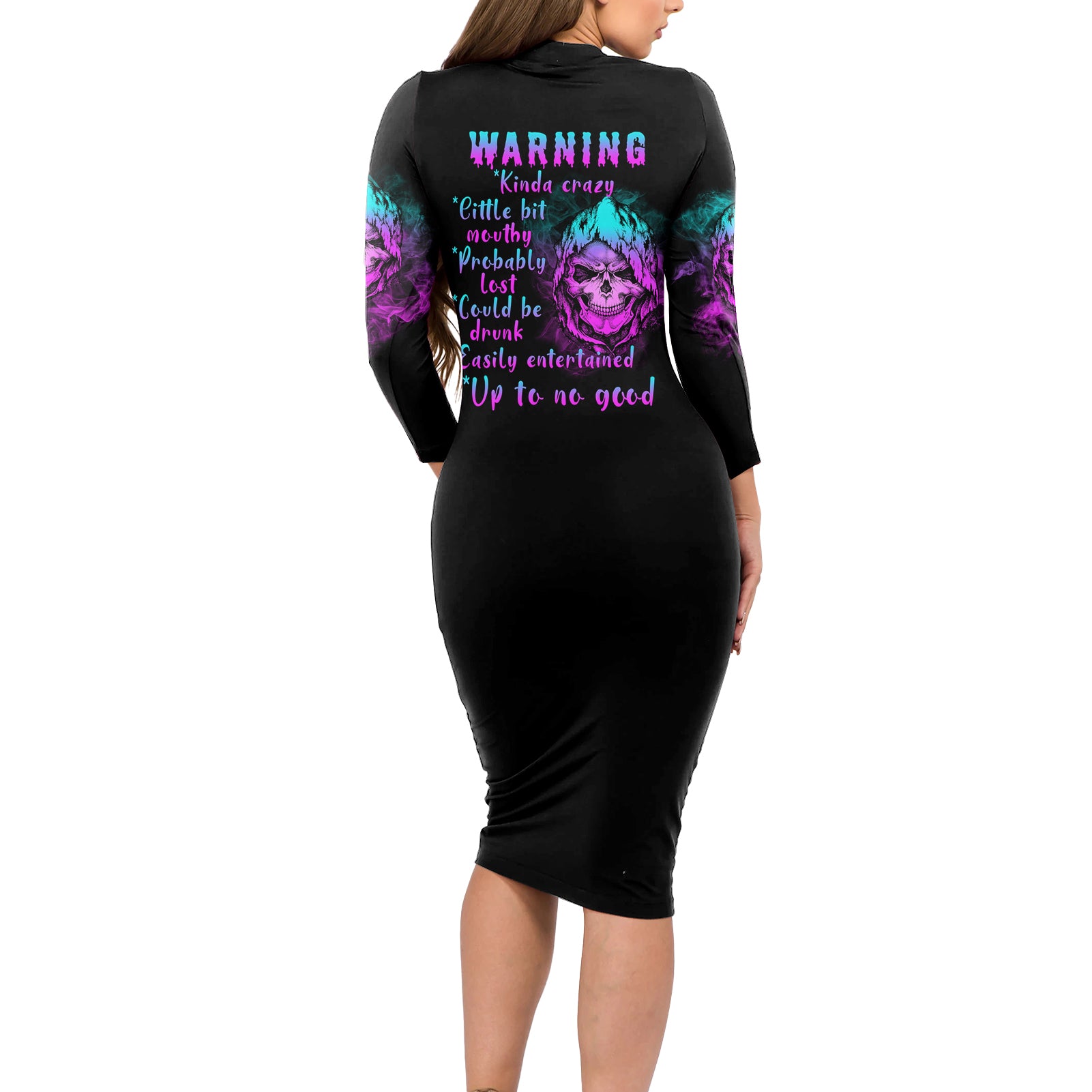 Warning Kinda Crazy Skull Long Sleeve Bodycon Dress - Wonder Print Shop
