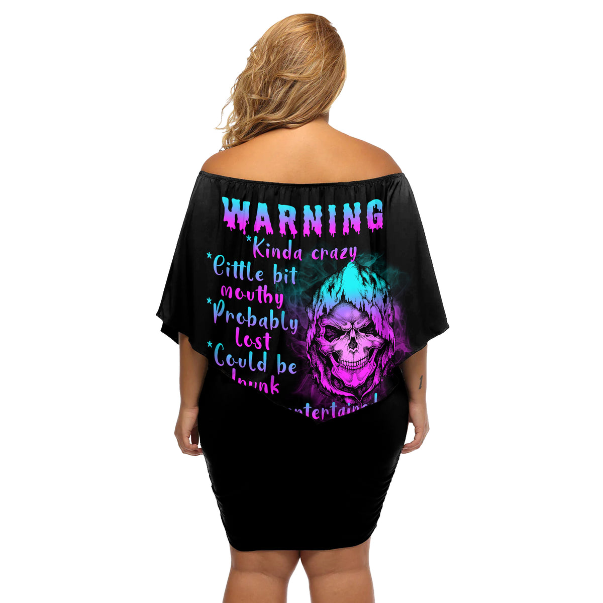 Warning Kinda Crazy Skull Off Shoulder Short Dress - Wonder Print Shop