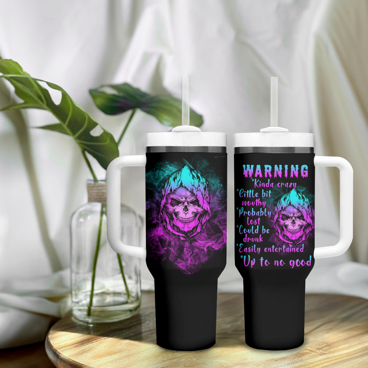 Warning Kinda Crazy Skull Tumbler With Handle - Wonder Print Shop