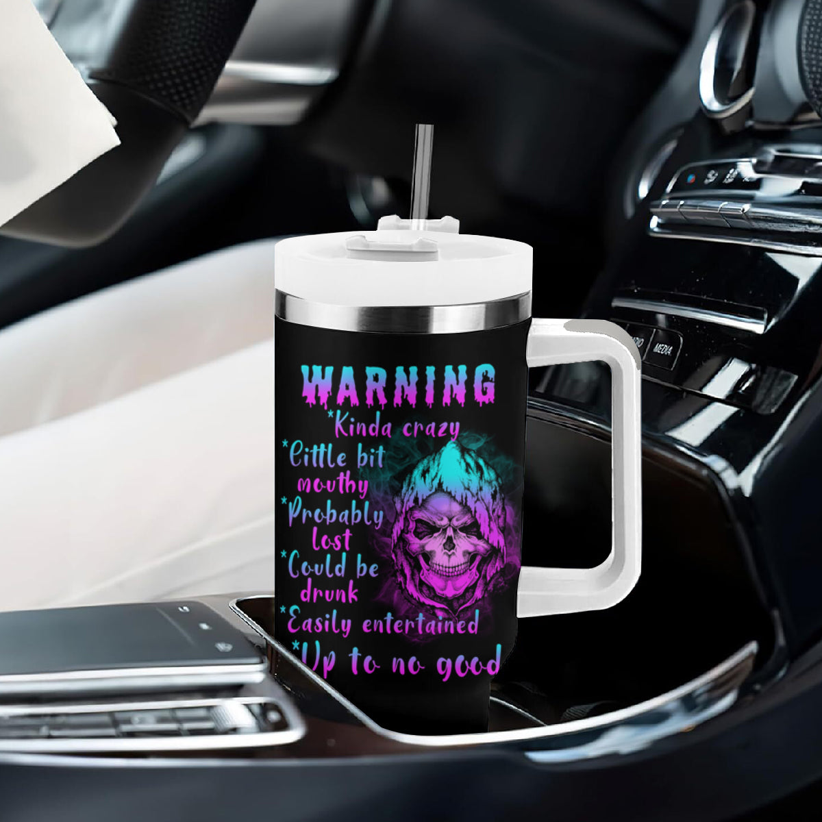 Warning Kinda Crazy Skull Tumbler With Handle - Wonder Print Shop