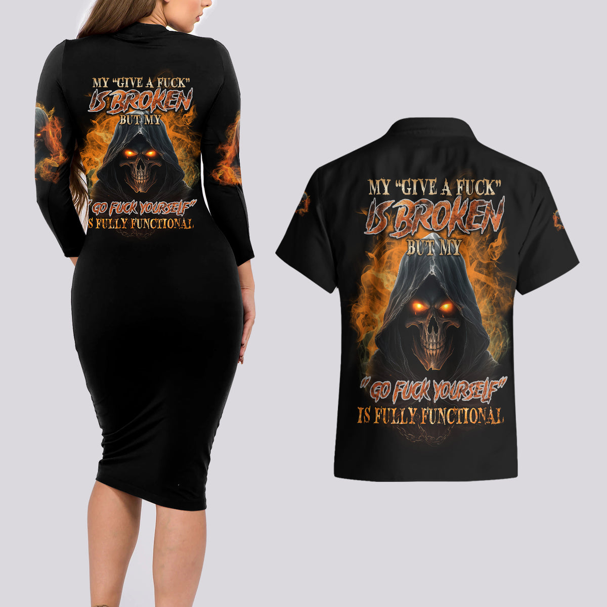 My Give A F Reaper Fire All Couples Matching Long Sleeve Bodycon Dress and Hawaiian Shirt - Wonder Print Shop