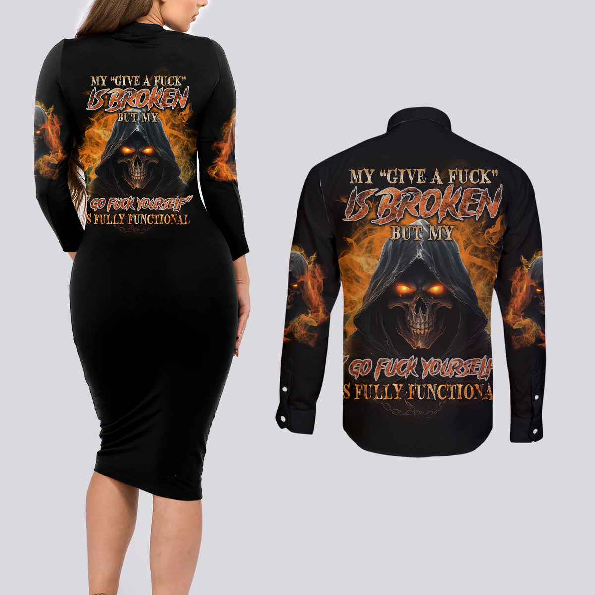 My Give A F Reaper Fire All Couples Matching Long Sleeve Bodycon Dress and Long Sleeve Button Shirt - Wonder Print Shop