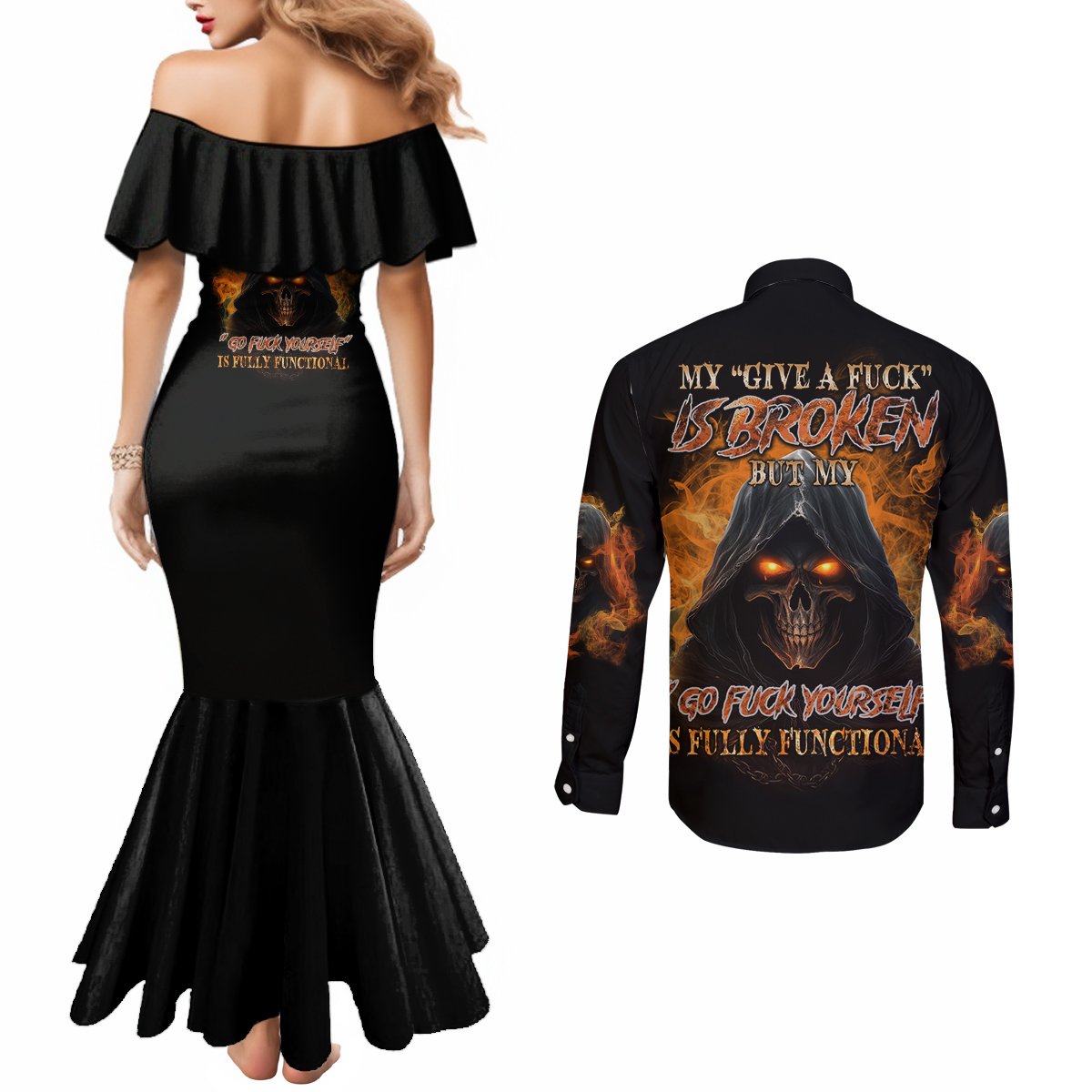 my-give-a-f-reaper-fire-all-couples-matching-mermaid-dress-and-long-sleeve-button-shirt