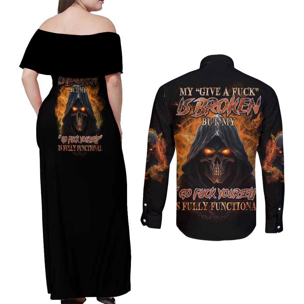 My Give A F Reaper Fire All Couples Matching Off Shoulder Maxi Dress and Long Sleeve Button Shirt - Wonder Print Shop
