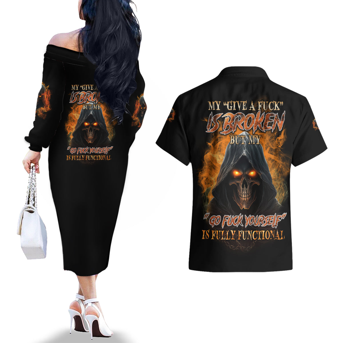 My Give A F Reaper Fire All Couples Matching Off The Shoulder Long Sleeve Dress and Hawaiian Shirt - Wonder Print Shop