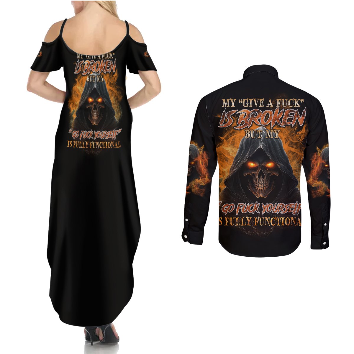My Give A F Reaper Fire All Couples Matching Summer Maxi Dress and Long Sleeve Button Shirt - Wonder Print Shop