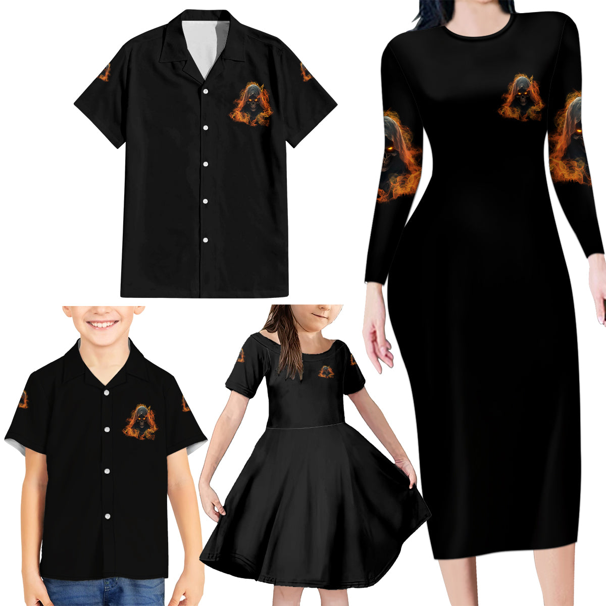 My Give A F Reaper Fire All Family Matching Long Sleeve Bodycon Dress and Hawaiian Shirt - Wonder Print Shop