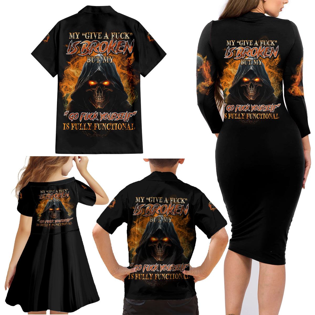 My Give A F Reaper Fire All Family Matching Long Sleeve Bodycon Dress and Hawaiian Shirt - Wonder Print Shop
