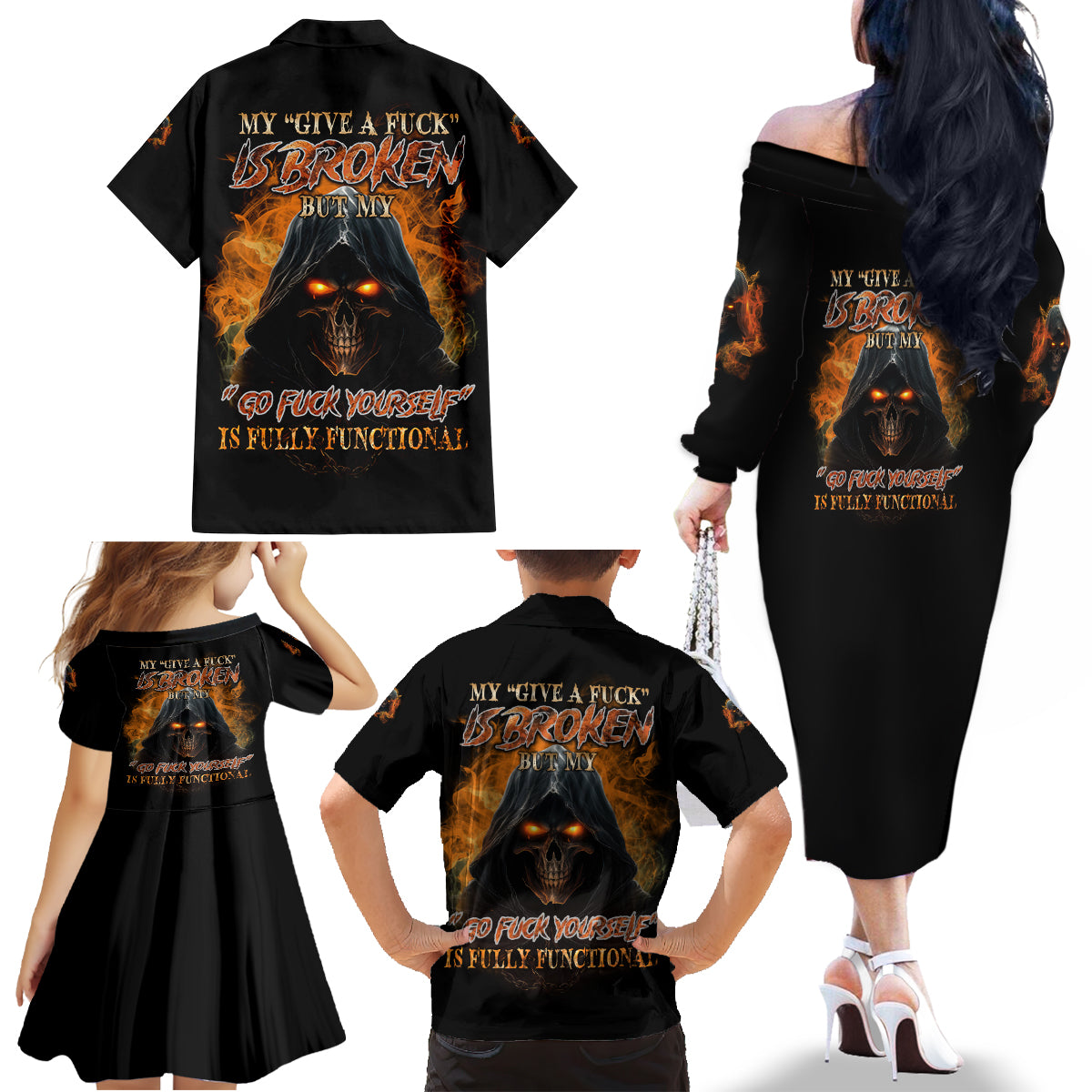 My Give A F Reaper Fire All Family Matching Off Shoulder Long Sleeve Dress and Hawaiian Shirt - Wonder Print Shop