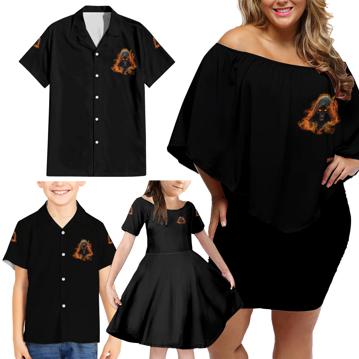 My Give A F Reaper Fire All Family Matching Off Shoulder Short Dress and Hawaiian Shirt - Wonder Print Shop