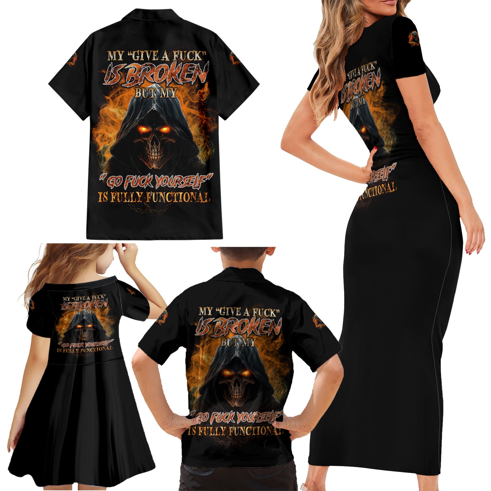 My Give A F Reaper Fire All Family Matching Short Sleeve Bodycon Dress and Hawaiian Shirt - Wonder Print Shop