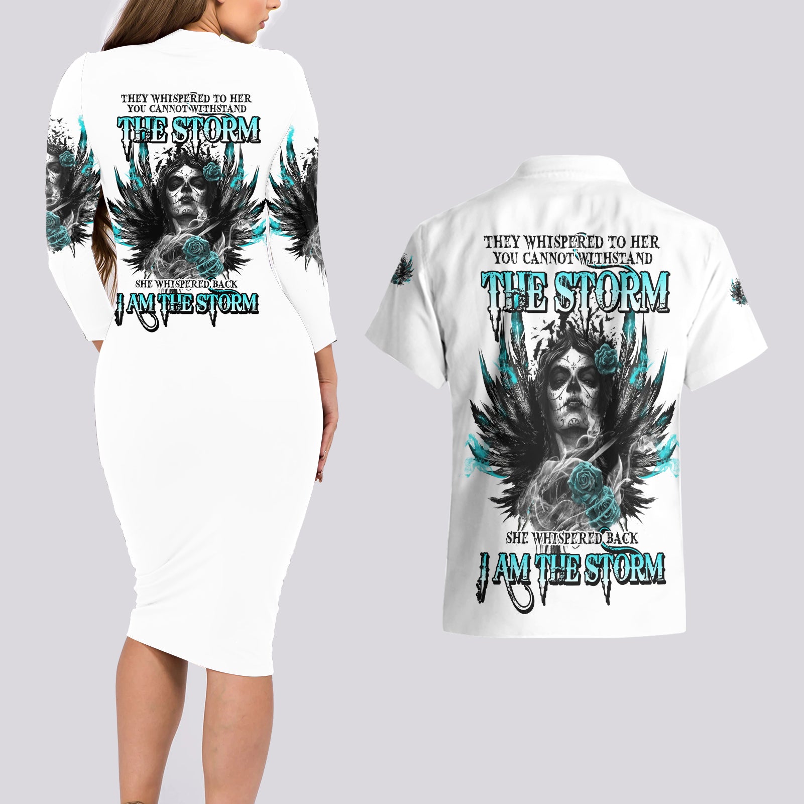 I Am The Storm Sugar Skull Couples Matching Long Sleeve Bodycon Dress and Hawaiian Shirt - Wonder Print Shop