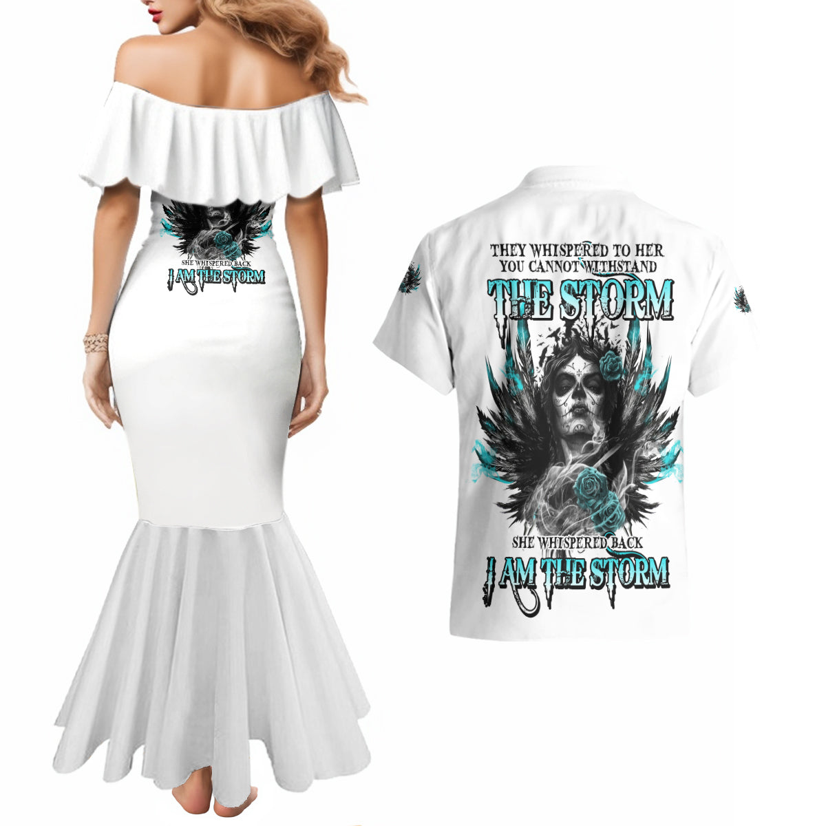 I Am The Storm Sugar Skull Couples Matching Mermaid Dress and Hawaiian Shirt - Wonder Print Shop
