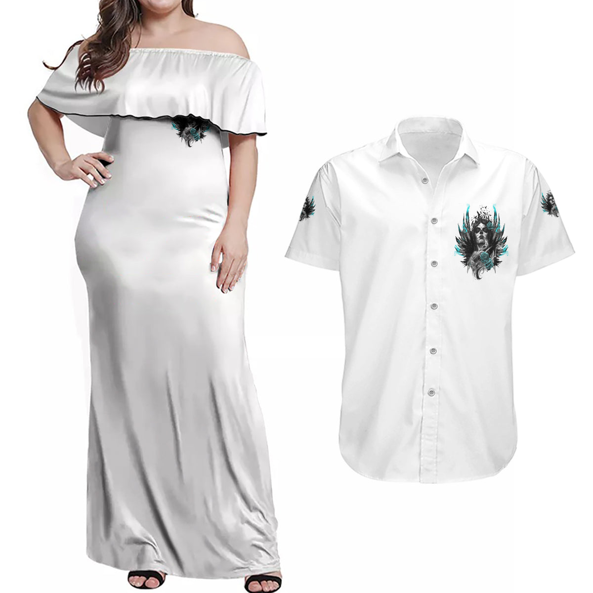 I Am The Storm Sugar Skull Couples Matching Off Shoulder Maxi Dress and Hawaiian Shirt - Wonder Print Shop