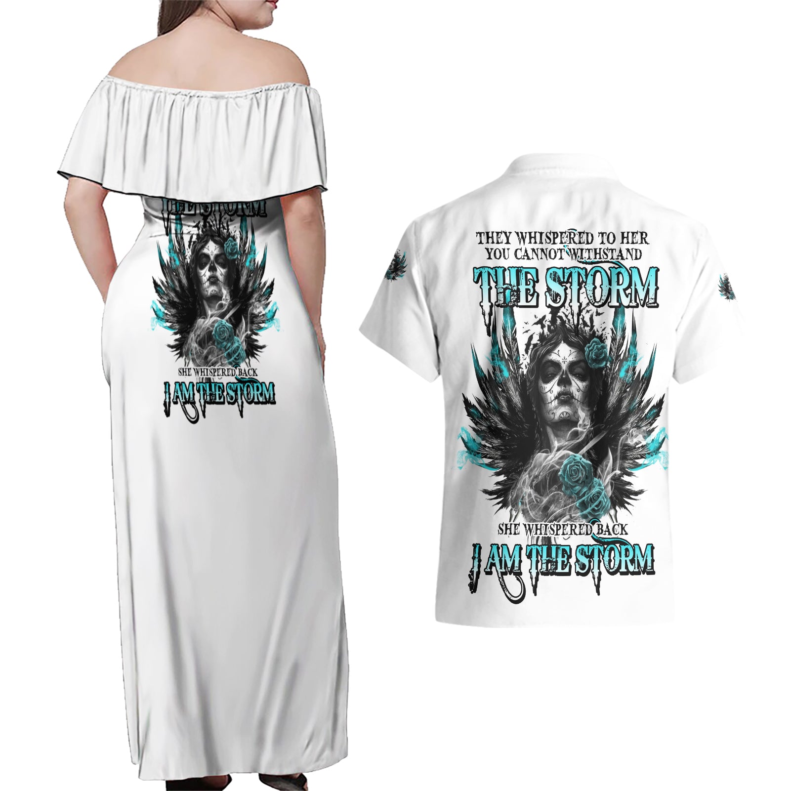 I Am The Storm Sugar Skull Couples Matching Off Shoulder Maxi Dress and Hawaiian Shirt - Wonder Print Shop