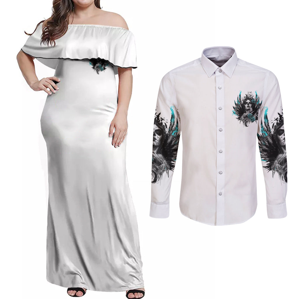 I Am The Storm Sugar Skull Couples Matching Off Shoulder Maxi Dress and Long Sleeve Button Shirt - Wonder Print Shop