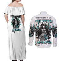 I Am The Storm Sugar Skull Couples Matching Off Shoulder Maxi Dress and Long Sleeve Button Shirt - Wonder Print Shop