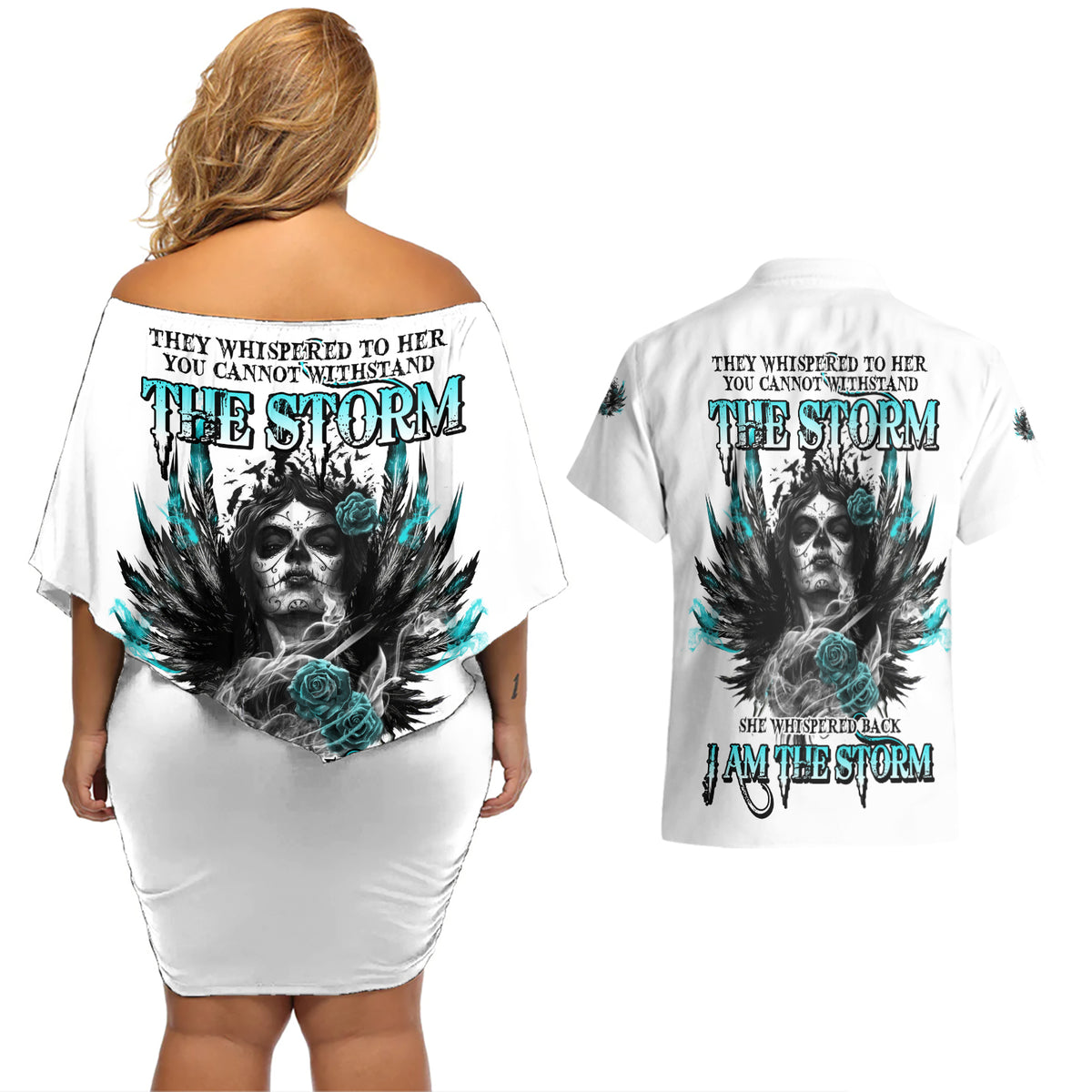 I Am The Storm Sugar Skull Couples Matching Off Shoulder Short Dress and Hawaiian Shirt - Wonder Print Shop