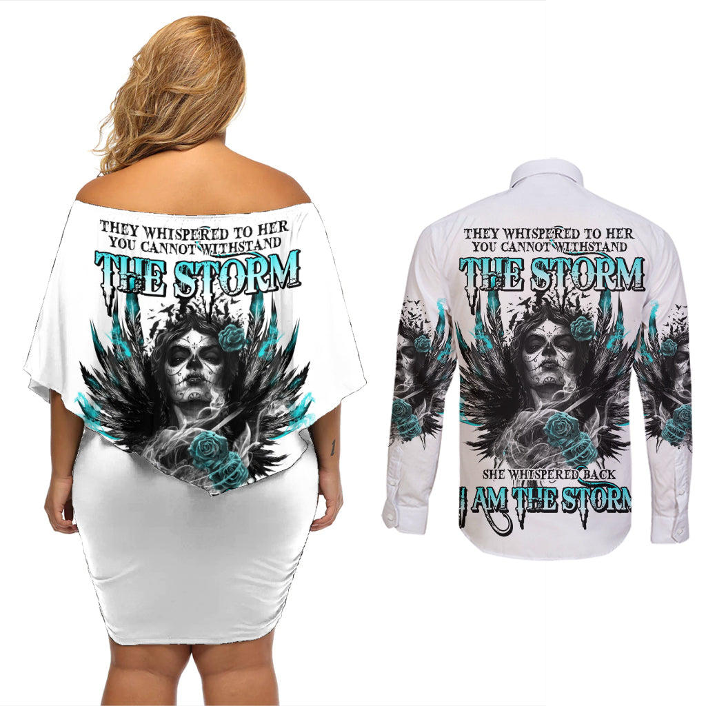 I Am The Storm Sugar Skull Couples Matching Off Shoulder Short Dress and Long Sleeve Button Shirt - Wonder Print Shop