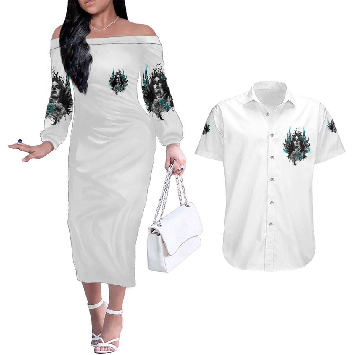 I Am The Storm Sugar Skull Couples Matching Off The Shoulder Long Sleeve Dress and Hawaiian Shirt - Wonder Print Shop