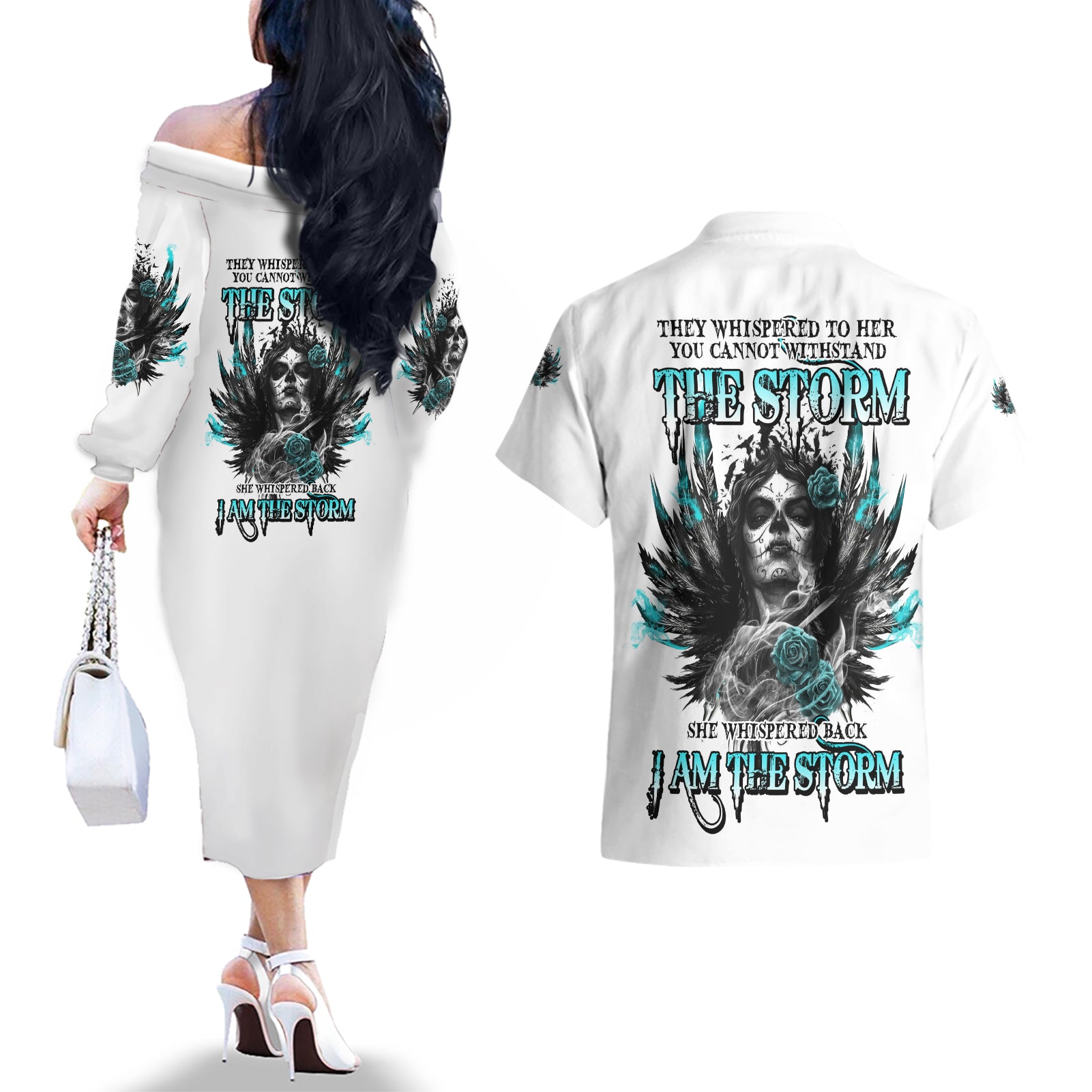 I Am The Storm Sugar Skull Couples Matching Off The Shoulder Long Sleeve Dress and Hawaiian Shirt - Wonder Print Shop