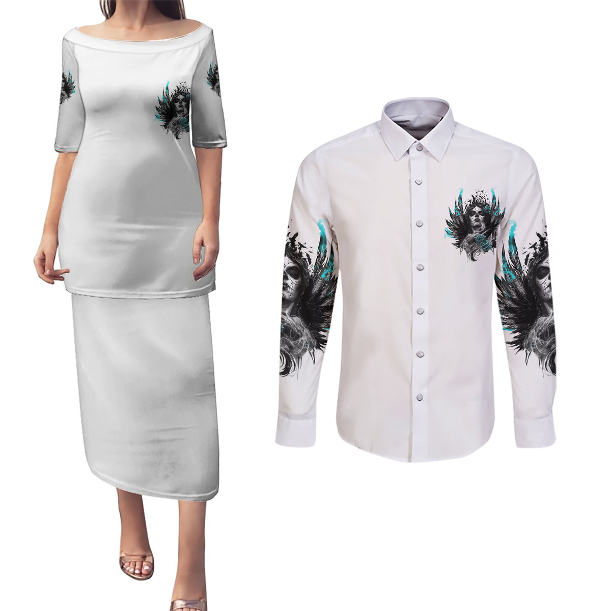 I Am The Storm Sugar Skull Couples Matching Puletasi Dress and Long Sleeve Button Shirt - Wonder Print Shop