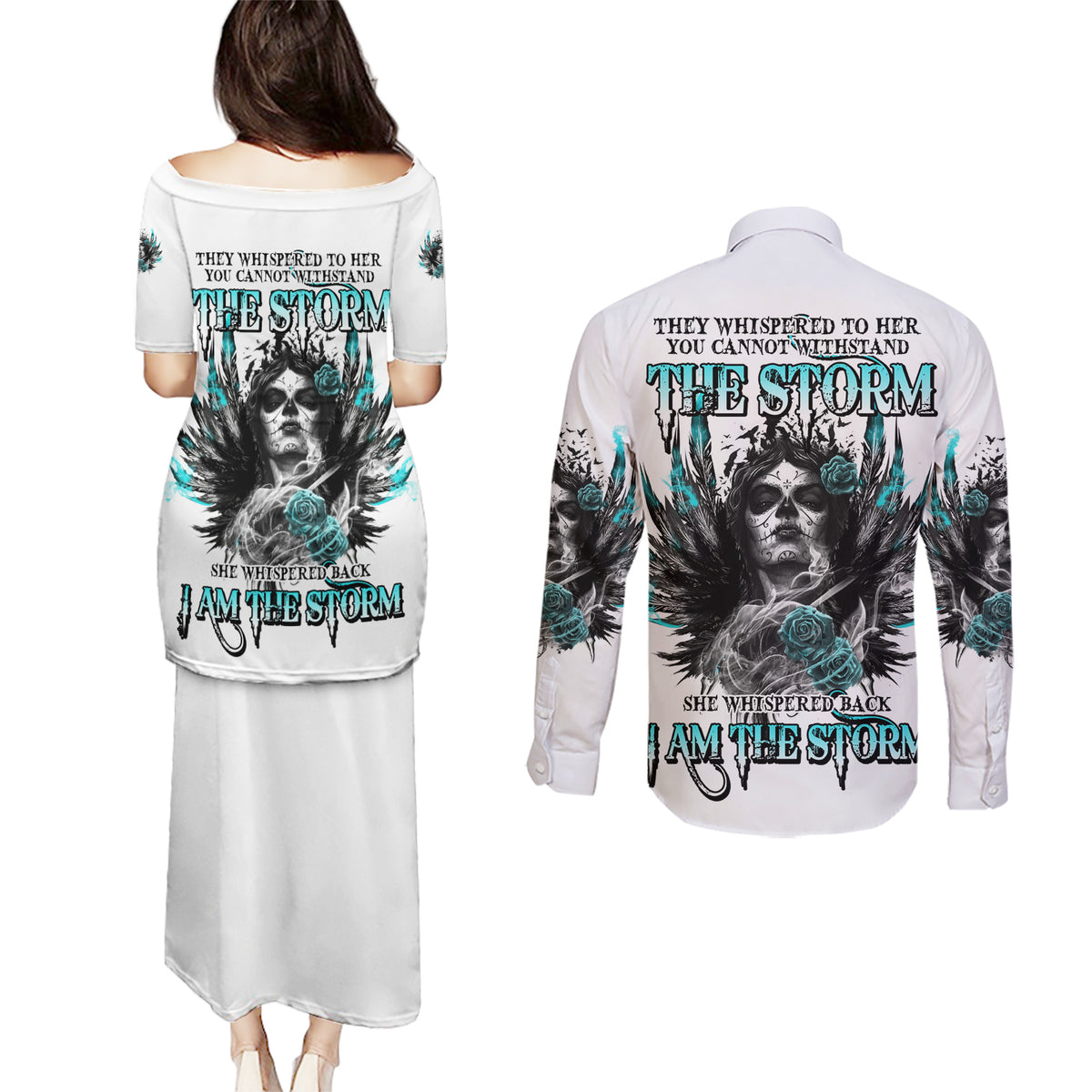 I Am The Storm Sugar Skull Couples Matching Puletasi Dress and Long Sleeve Button Shirt - Wonder Print Shop