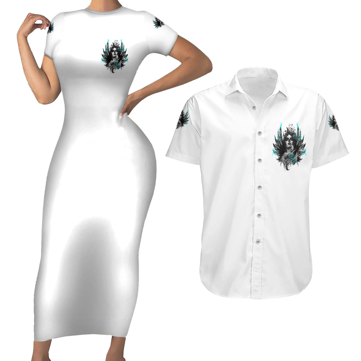 I Am The Storm Sugar Skull Couples Matching Short Sleeve Bodycon Dress and Hawaiian Shirt - Wonder Print Shop
