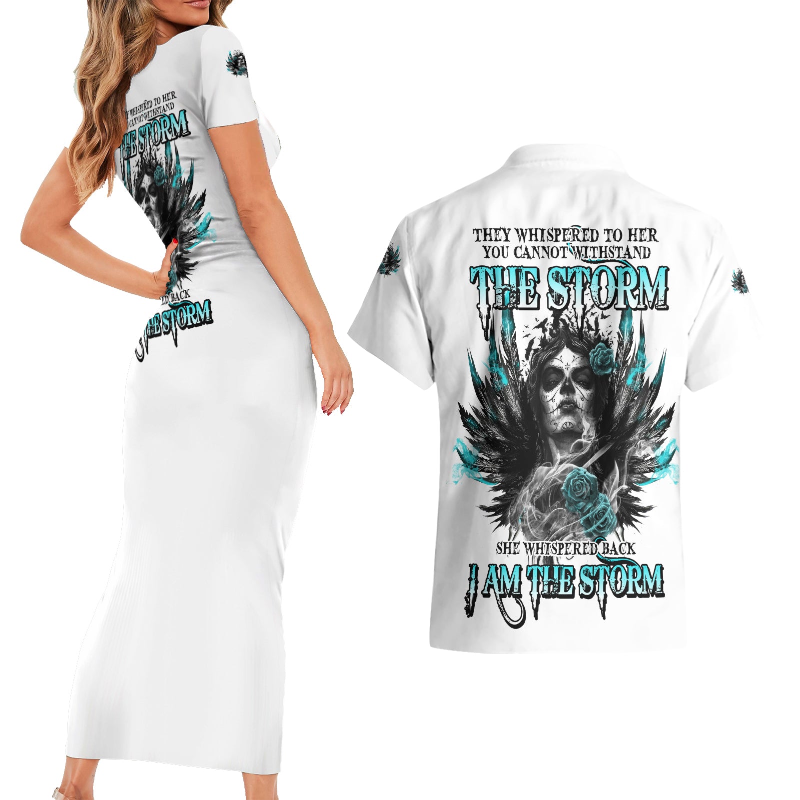 I Am The Storm Sugar Skull Couples Matching Short Sleeve Bodycon Dress and Hawaiian Shirt - Wonder Print Shop