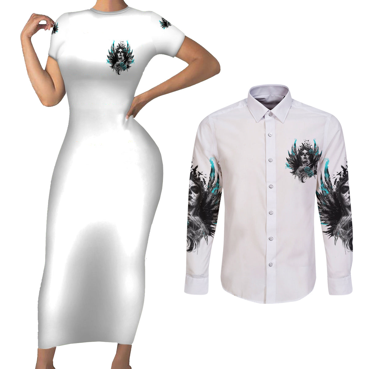 I Am The Storm Sugar Skull Couples Matching Short Sleeve Bodycon Dress and Long Sleeve Button Shirt - Wonder Print Shop