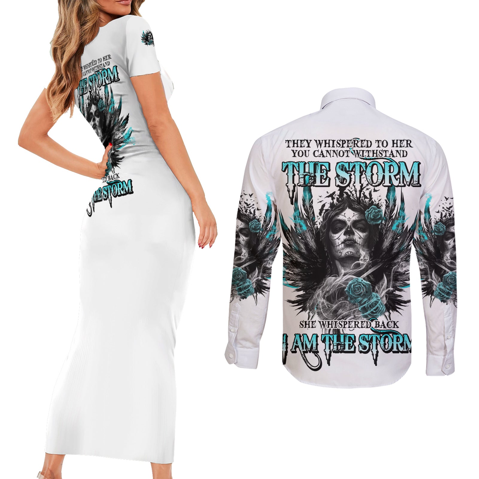 I Am The Storm Sugar Skull Couples Matching Short Sleeve Bodycon Dress and Long Sleeve Button Shirt - Wonder Print Shop