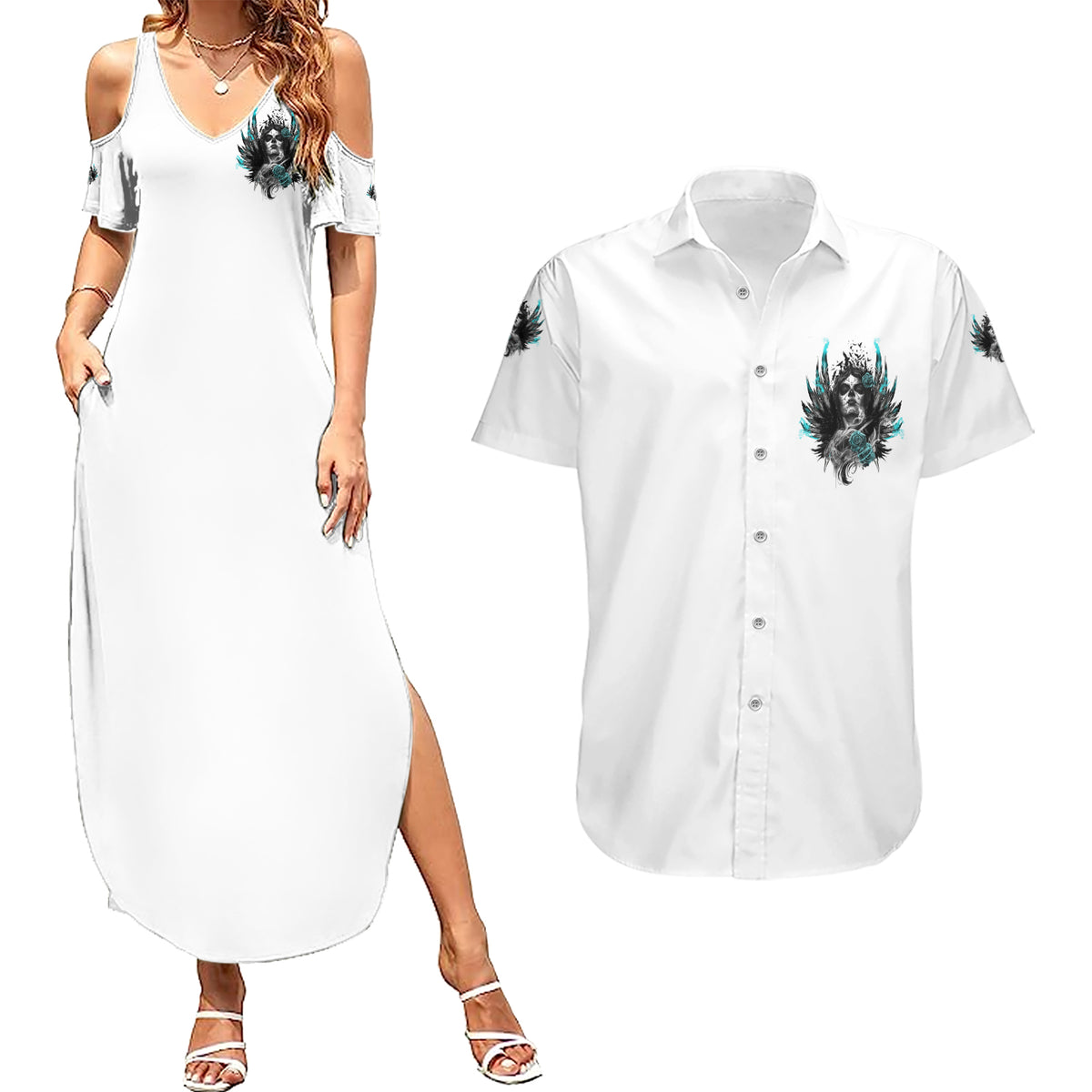 I Am The Storm Sugar Skull Couples Matching Summer Maxi Dress and Hawaiian Shirt - Wonder Print Shop