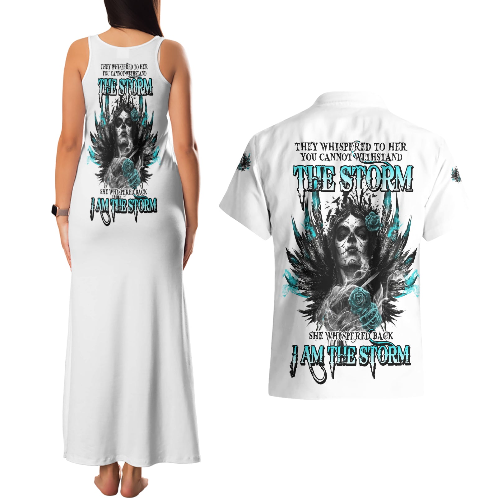 I Am The Storm Sugar Skull Couples Matching Tank Maxi Dress and Hawaiian Shirt - Wonder Print Shop
