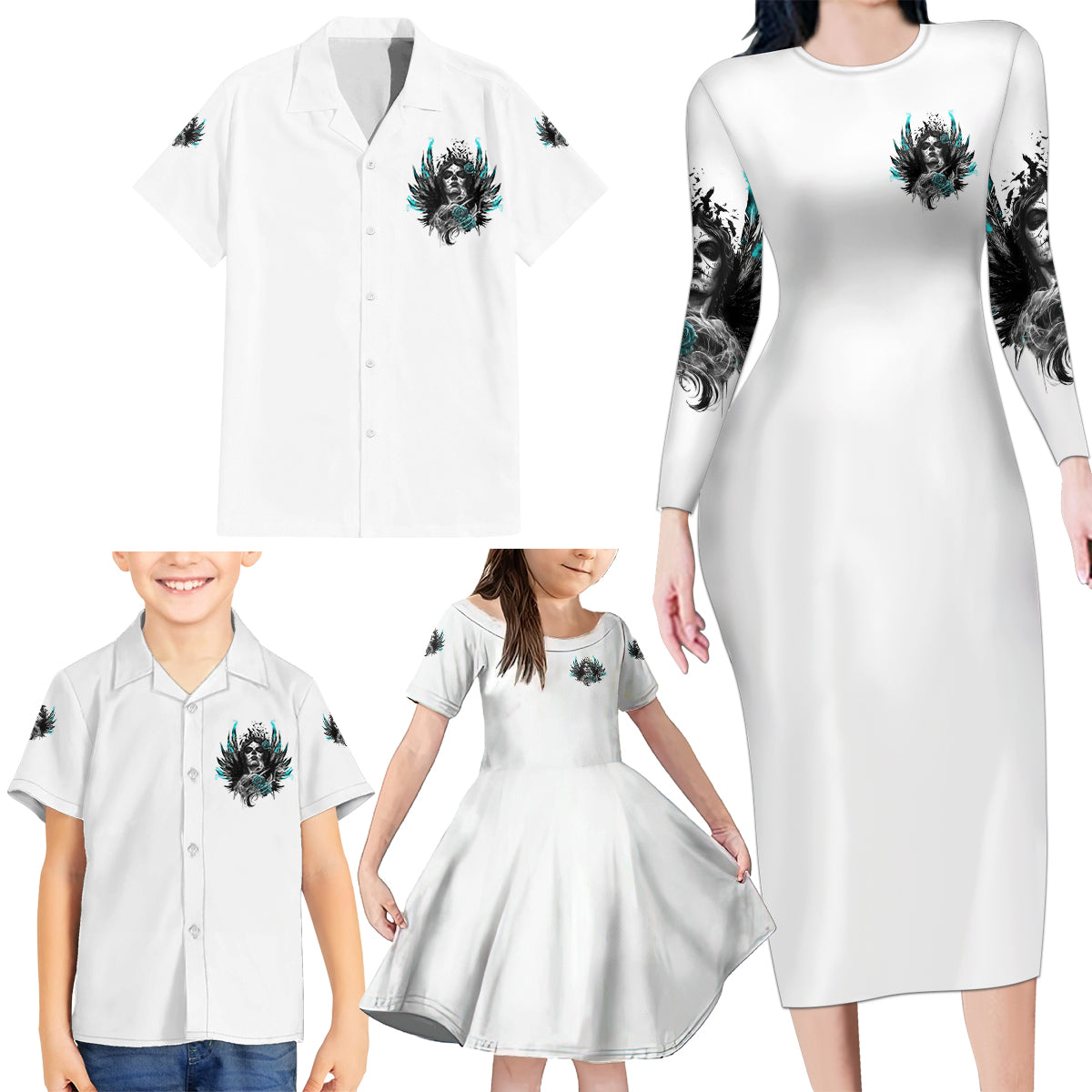 I Am The Storm Sugar Skull Family Matching Long Sleeve Bodycon Dress and Hawaiian Shirt - Wonder Print Shop